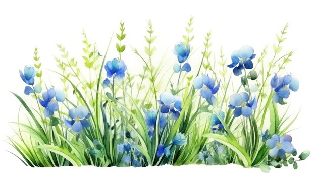 Bel arrière-plan floral en aquarelle avec des fleurs d'iris bleues et de l'herbe verte IA générative