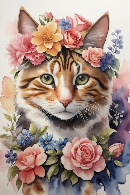 Bel art aquarelle de chat avec des fleurs