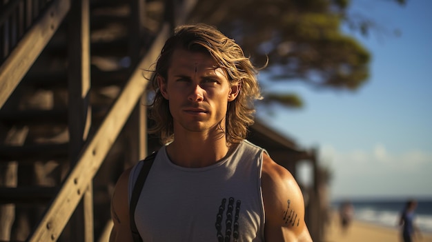 un bel athlète musclé australien blond aux cheveux longs surfeur