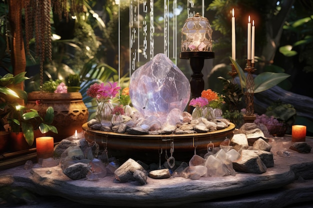 Bel autel ésotérique et mystique pour la méditation avec des cristaux et des pierres semi-précieuses Zen Temple Generative AI