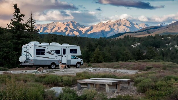 Bel camping dans les montagnes avec un camping-car et un banc en bois
