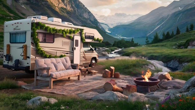 Bel camping dans les montagnes avec un camping-car et un banc en bois