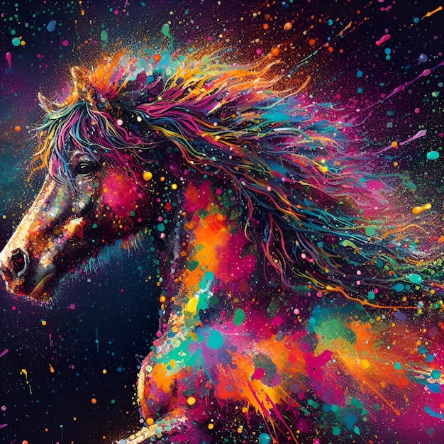 Bel cheval avec des ornements colorés sur un fond noir Cheval de fantaisie coloré