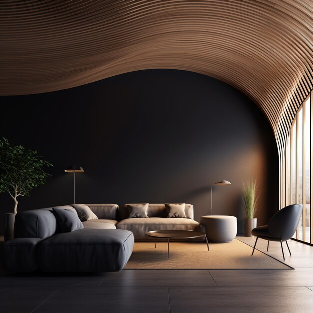 Photo bel concept d'intérieur sombre avec un plafond ondulé en bois, des murs noirs, un canapé léger.