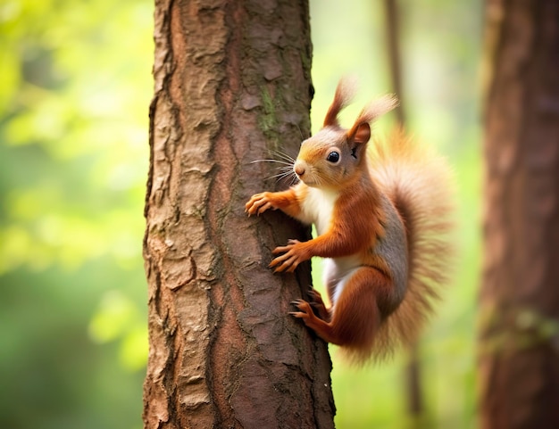 Bel écureuil sur un arbre dans un parc forestier en été AI générative