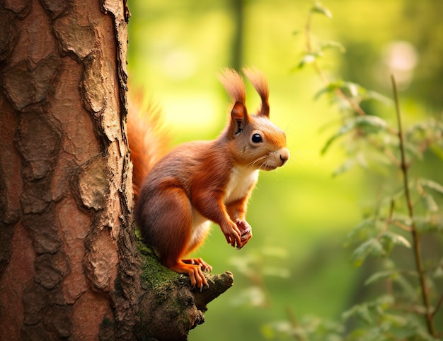 Bel écureuil sur un arbre dans un parc forestier en été AI générative