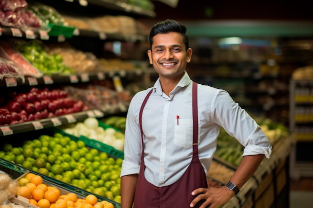 Un bel employé de supermarché sur un fond de légumes et de fruits frais