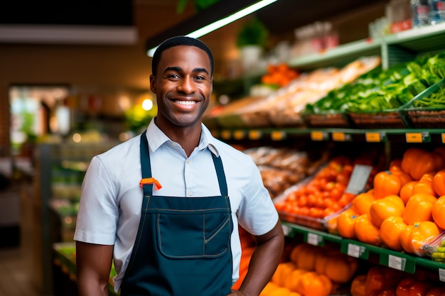 Un bel employé de supermarché sur un fond de légumes et de fruits frais