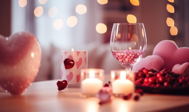 un bel ensemble avec deux verres en cristal avec du vin rose sur la table brûlant des bougies et une décoration avec