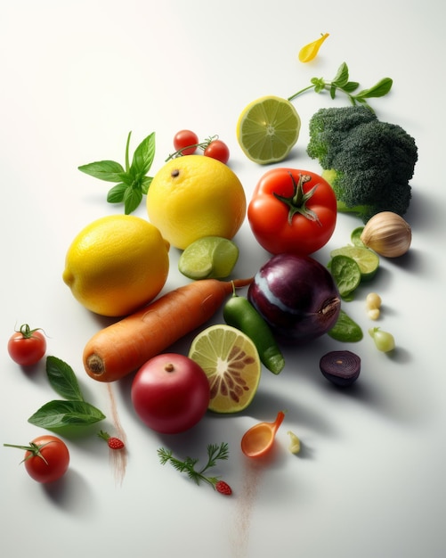 Bel ensemble de fruits et légumes biologiques frais et colorés Herbes parfumées parmi les légumes Toile de fond blanche AI générative