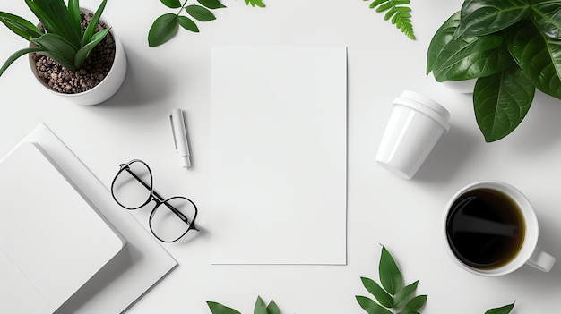 Photo un bel espace de travail avec un fond blanc, des plantes vertes et une tasse de café, l'endroit parfait pour travailler sur votre prochain projet.