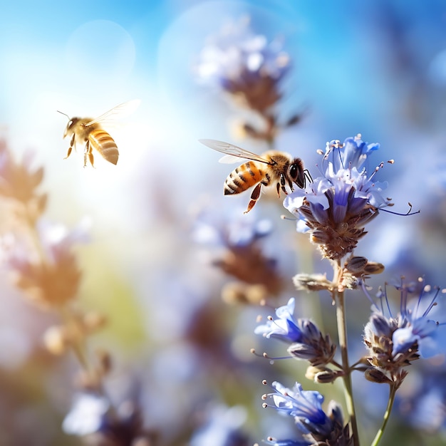 Bel été coloré printemps fleur naturelle fond abeilles travaillant par une journée ensoleillée