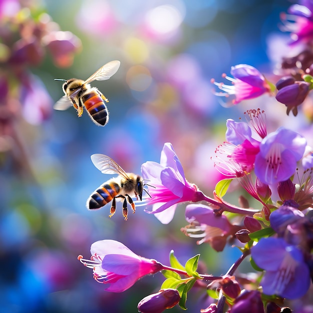 Bel été coloré printemps fleur naturelle fond abeilles travaillant par une journée ensoleillée
