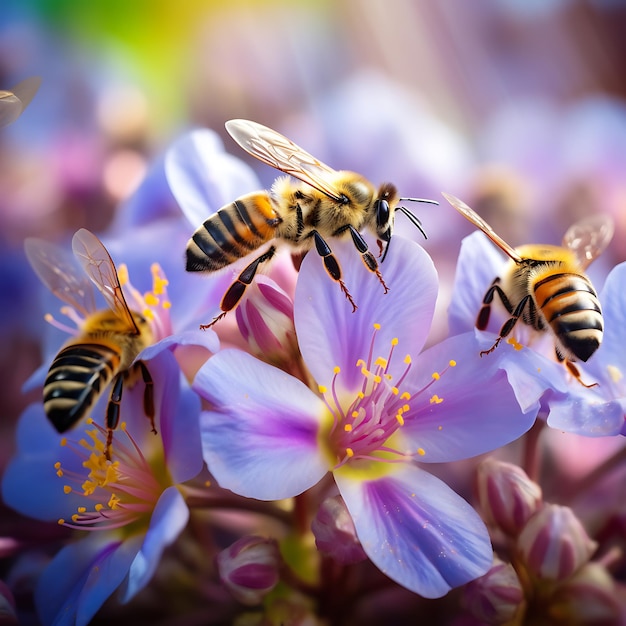 Bel été coloré printemps fleur naturelle fond abeilles travaillant par une journée ensoleillée