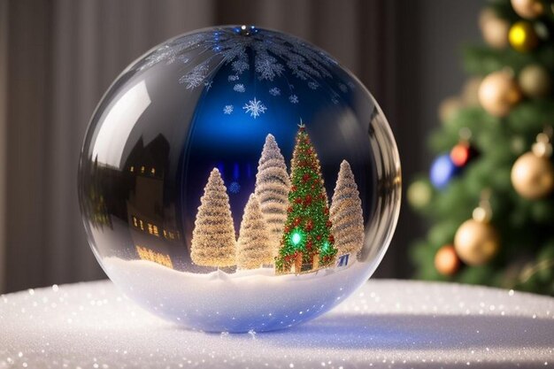 Bel fond bleu et or de Noël avec de la neige arbre de Noël à l'intérieur boule de Noël