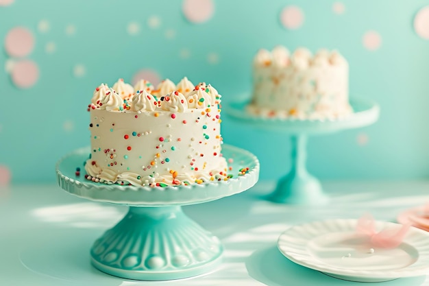 Bel gâteau avec des éclaboussures de gâteau dans les couleurs bleues et roses générées par l'IA.