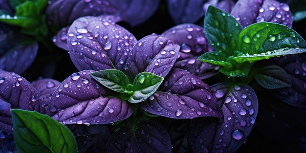 Photo bel gros plan de basilic gouttes de rosée sur les feuilles basilic vert et violet photo de haute qualité ai générative