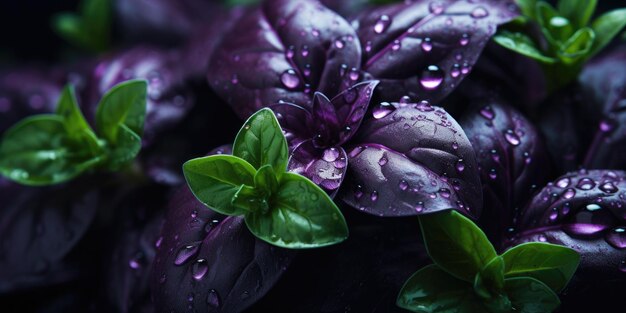 Photo bel gros plan de basilic gouttes de rosée sur les feuilles basilic vert et violet photo de haute qualité ai générative