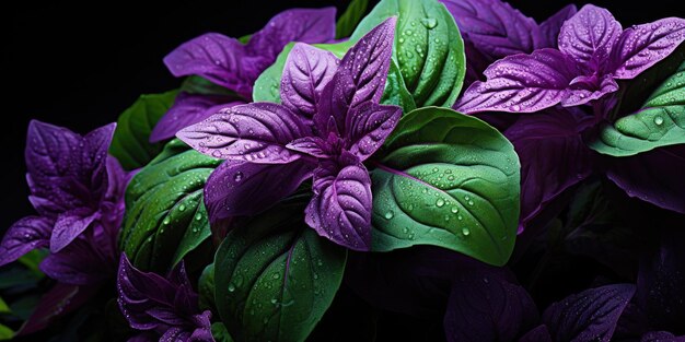 Bel gros plan de basilic Gouttes de rosée sur les feuilles Basilic vert et violet Photo de haute qualité AI générative