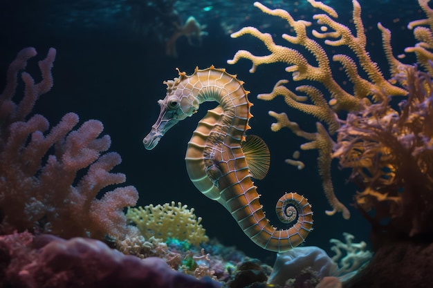 Un bel hippocampe à côté d'élaborer des coraux marins hermatypiques colorés sous la mer