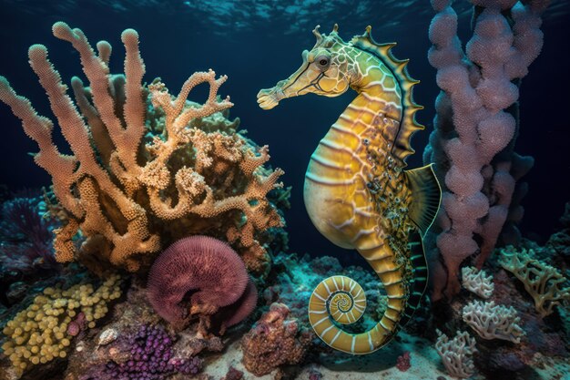 Un bel hippocampe à côté d'élaborer des coraux marins hermatypiques colorés sous la mer