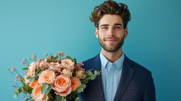 bel homme d'affaires avec bouquet de fleurs sur fond vif minimaliste avec espace de copie