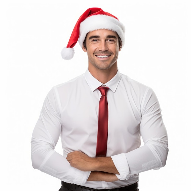 Bel homme d'affaires en chemise blanche et casquette de Père Noël isolée