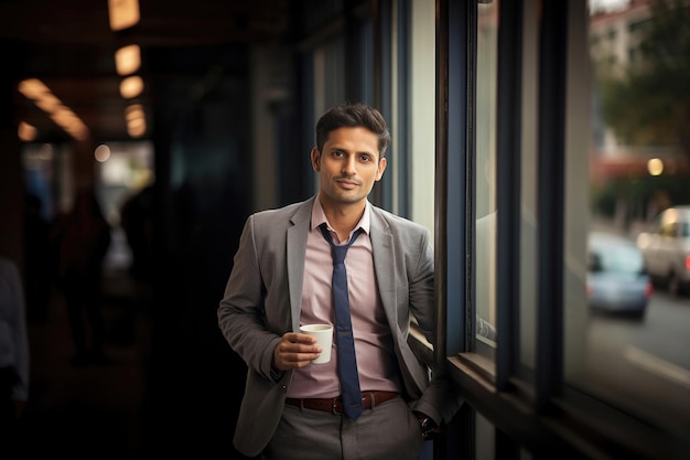 Un bel homme d'affaires indien prend un café pendant une pause.