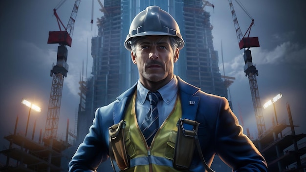 Un bel homme d'affaires, un ingénieur avec un casque dans un bâtiment.