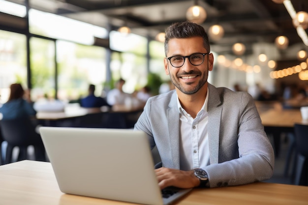 Bel homme d'affaires latin travaillant avec un gestionnaire d'ordinateur travaillant dans un bureau moderne