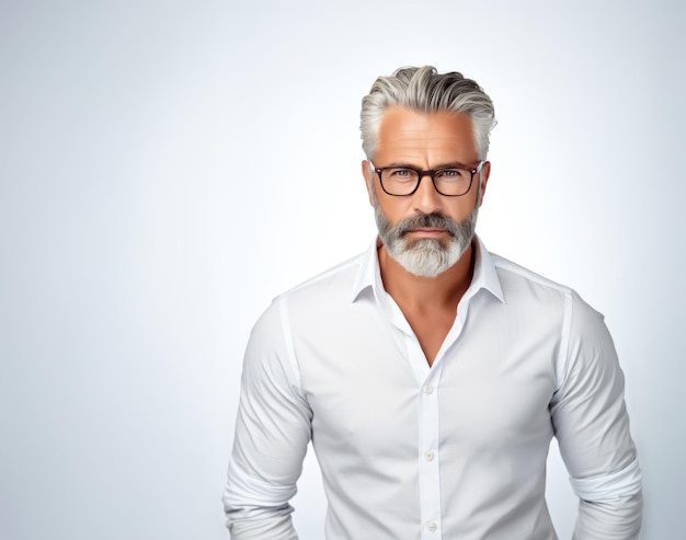 Bel homme d'affaires avec des lunettes et une barbe un portrait de chef confiant isolé sur blanc