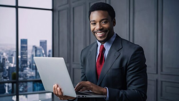 Un bel homme d'affaires avec un ordinateur portable et un sourire.