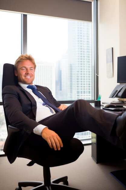 Un bel homme d'affaires se détendant dans son bureau avec ses pieds sur le bureau créé avec une IA générative
