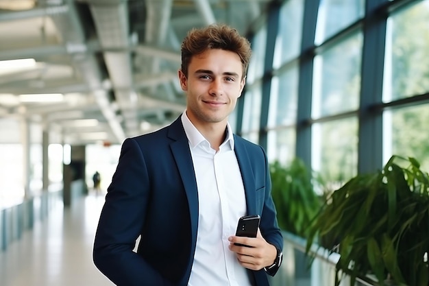 Photo un bel homme d'affaires avec un téléphone au bureau.