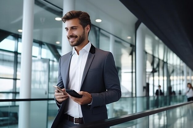 Un bel homme d'affaires avec téléphone au bureau