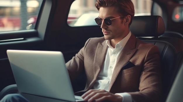 Photo un bel homme d'affaires travaillant sur un ordinateur portable alors qu'il est assis dans une voiture de luxe