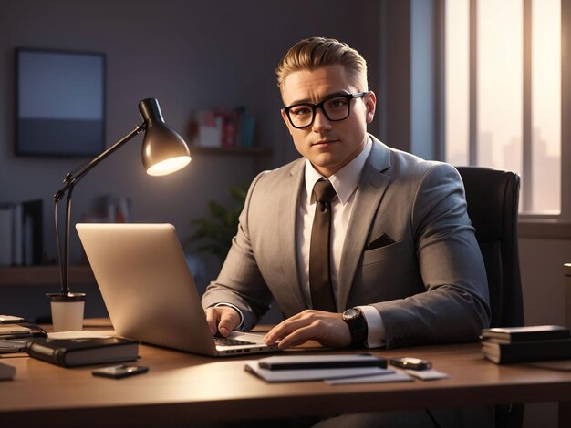 Un bel homme d'affaires travaille avec un ordinateur portable au bureau