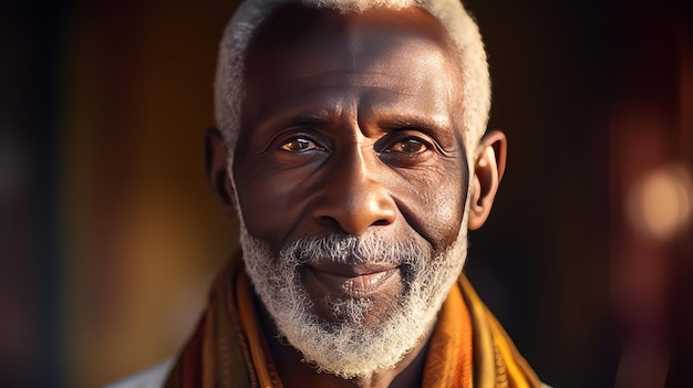 Un bel homme afro-américain âgé et élégant sur une bannière dorée en gros plan.