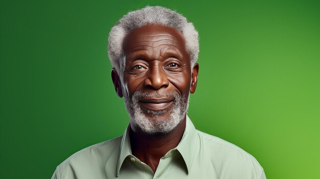 Un bel homme afro-américain âgé et élégant sur un fond vert clair, une bannière en gros plan, un espace de copie.