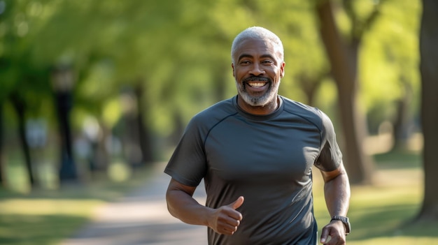 Un bel homme afro-américain court sur la route dans la nature créé avec la technologie d'IA générative.