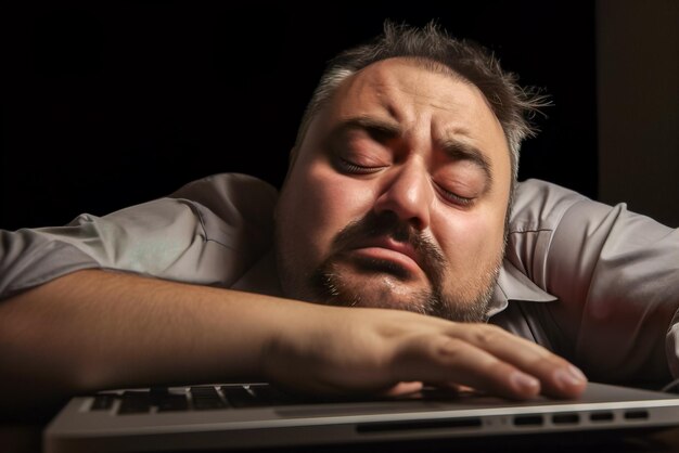 Photo bel homme d'âge moyen dormant sur le clavier de son ordinateur portable generative ai