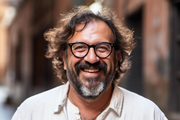 Un bel homme d'âge moyen avec de longs cheveux bouclés et des lunettes.