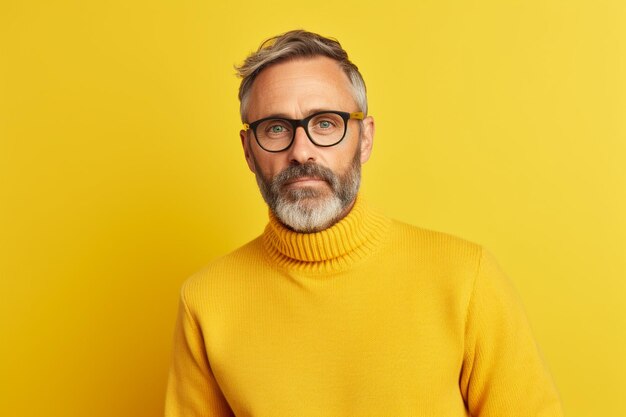 Un bel homme d'âge moyen en pull jaune.