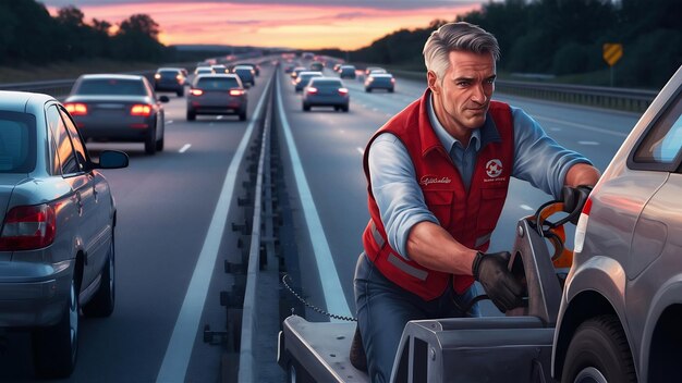 Photo un bel homme d'âge moyen qui travaille dans un service de remorquage sur la route.