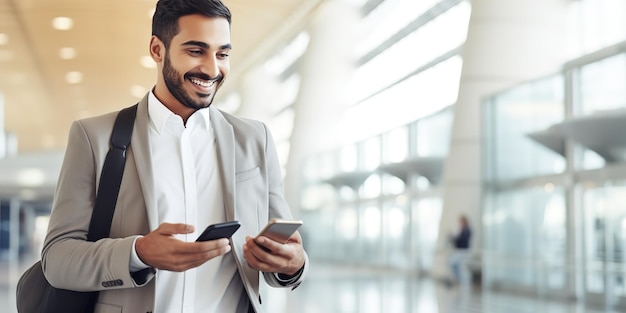 Bel homme arabe marchant avec une valise à l'aéroport et utilisant un smartphone un jeune homme souriant