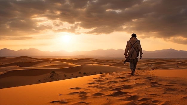 Photo un bel homme arabe se promène dans le désert au coucher du soleil.