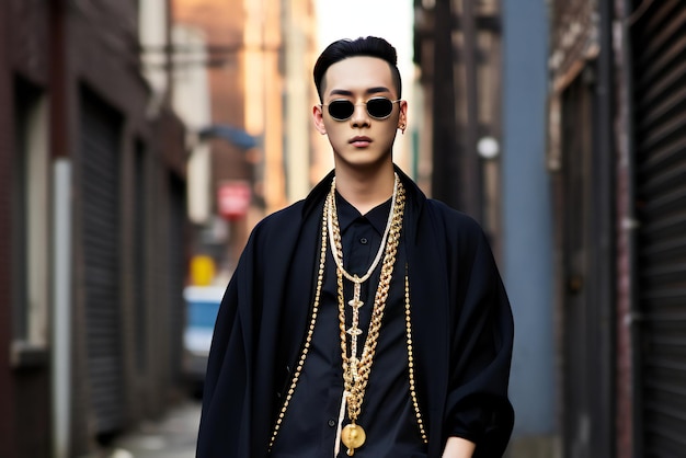 Bel homme asiatique en vêtements noirs, lunettes de soleil et chaîne en or dans la rue