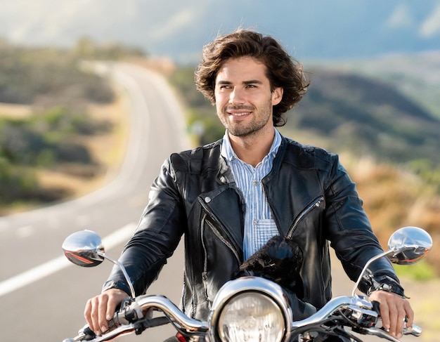 Un bel homme assis sur une moto dans une veste noire au bord de la route dans le concept de style de vie du bonheur