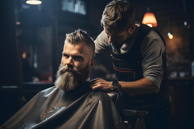 Un bel homme au barbier qui coupe les cheveux.