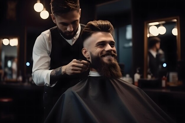 Un bel homme au barbier qui coupe les cheveux.